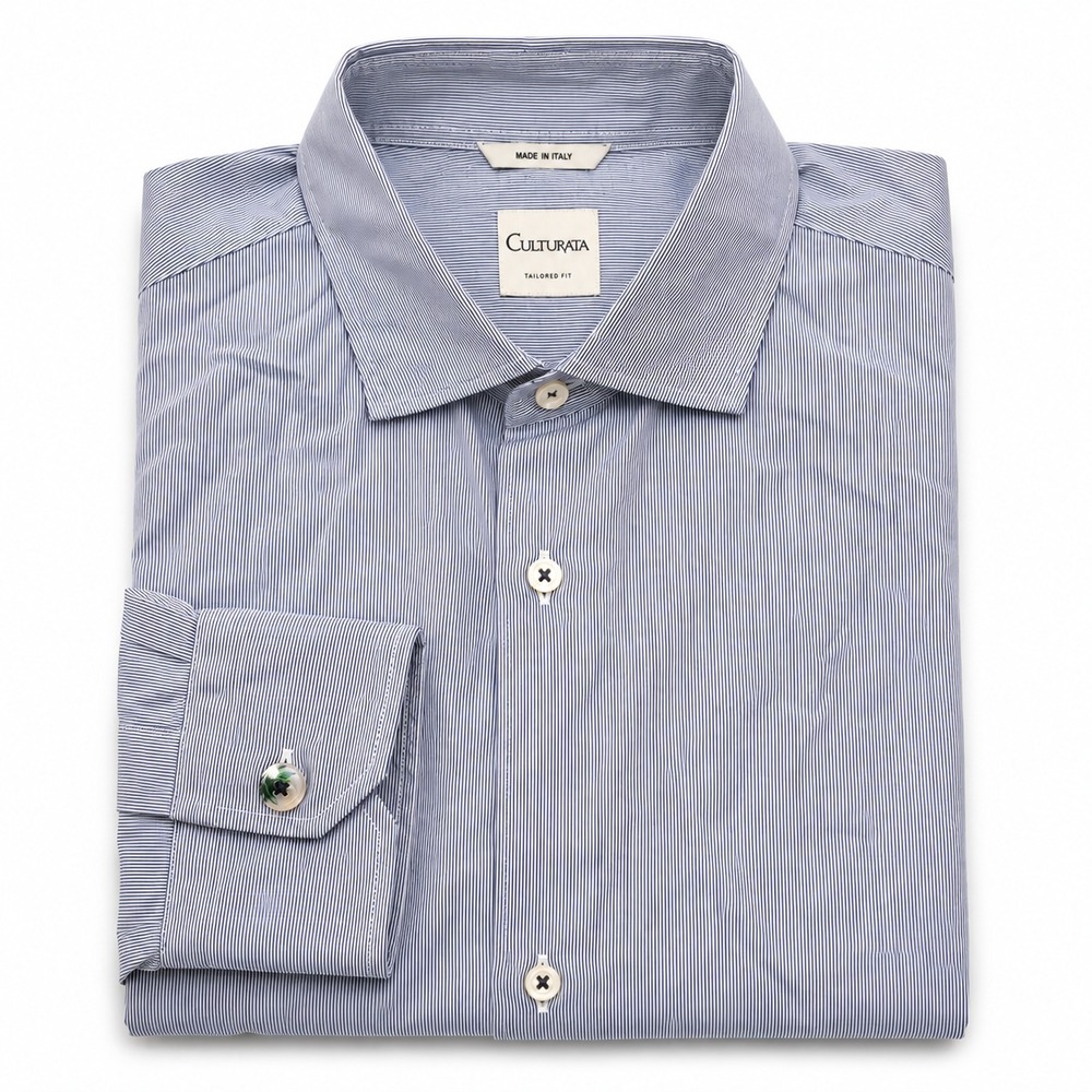 Culturata Button Front Dress Shirt Men's 17.5 XL Blue Pleated Accent Mini Stripe